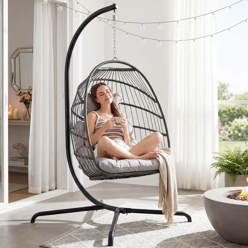 Hanging Egg Chair - 야외/실내용 스탠드형 달걀형 의자, 쿠션 포함
