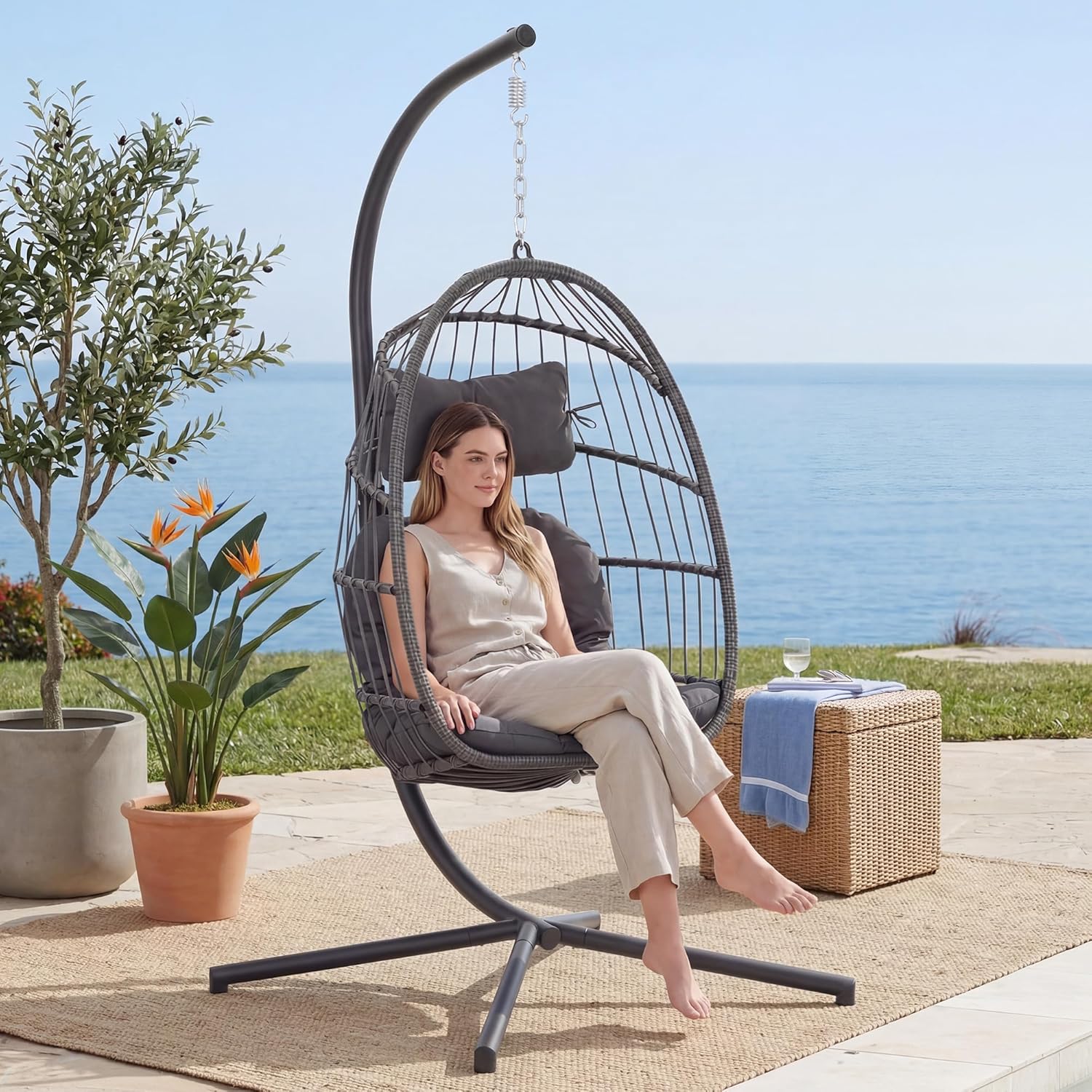 Hanging Egg Chair - 실내외용 계란형 행잉체어(스탠드 포함), 차콜 그레이