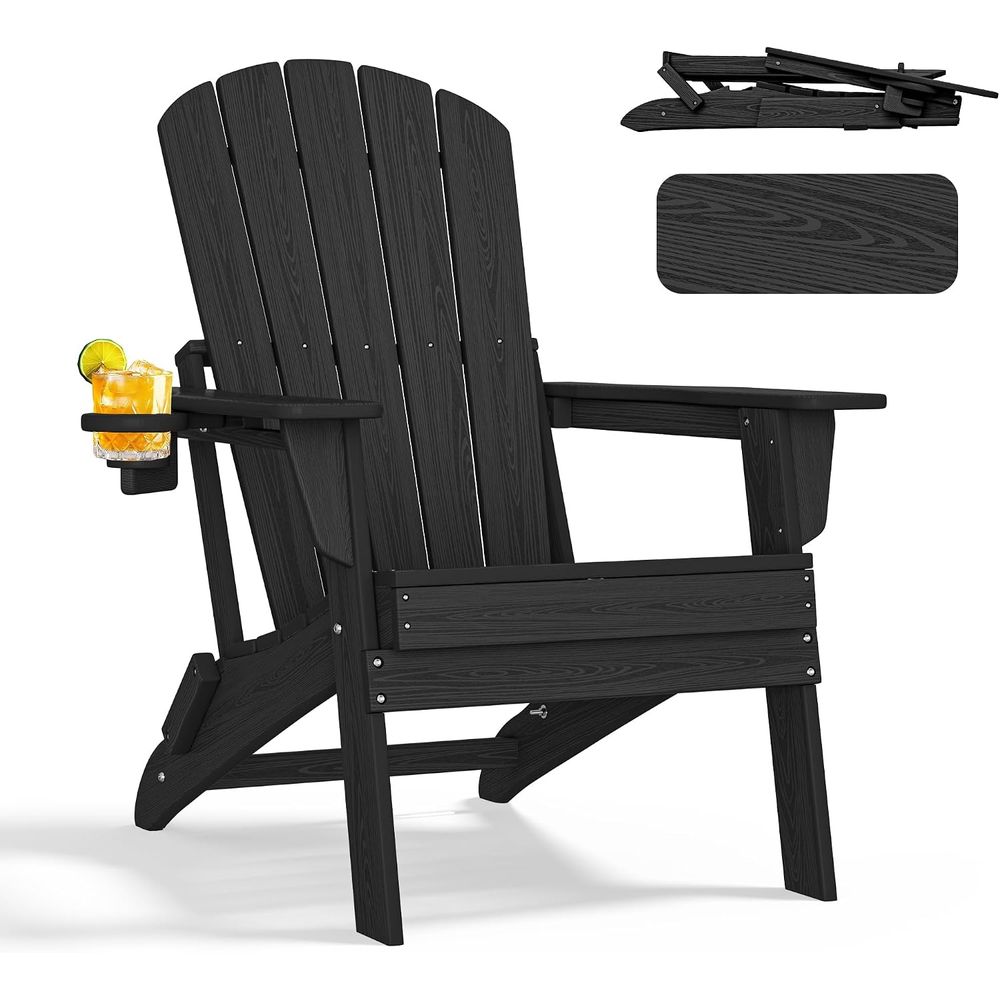 Adirondack Chair Wood - olding Adirondack Chair,HDPE 인체공학적 컵홀더, 블랙