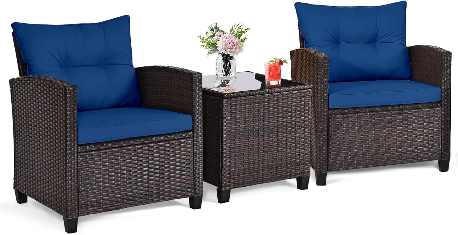 네이비 블루 라탄 위커 3피스 야외 비스트로 세트(쿠션 - Outdoor Furniture Table 리뷰 및 가격